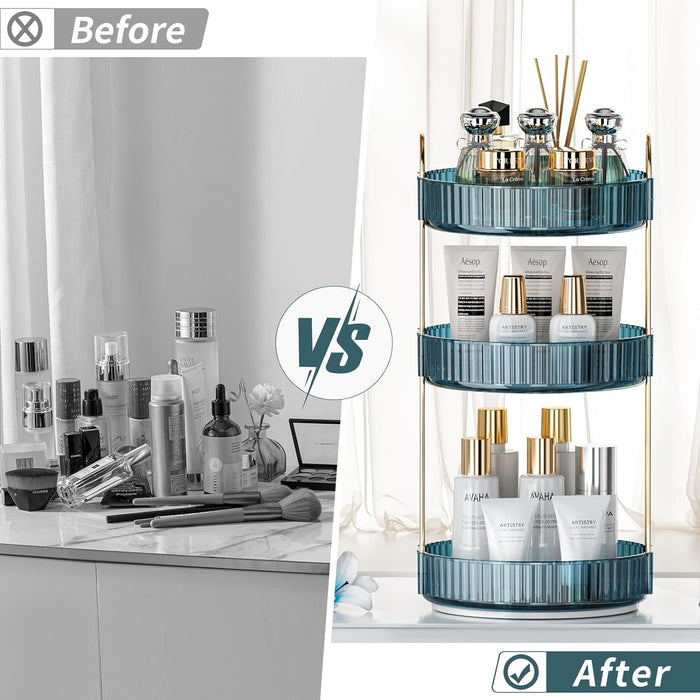 INVSSENE 360° Rotating Makeup Organizer, Bathroom Make Up Spinning Holder Rack, Large Capacity Cosmetics Storage Vanity Shelf Countertop, Fits Cosmetics, Perfume, Skincare, Lipsticks(2 Tiers, Green)