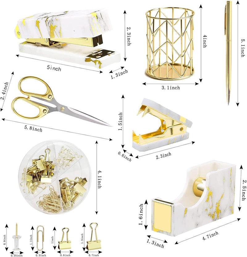 Famassi Gold Marble Desk Accessories, Office Supplies Set Stapler Set Staple Remover, Tape Holder, Pen Holder, 2 Ballpoint Pen, Scissor, Binder Clips, Paper Clips and 1000pcs Staples.