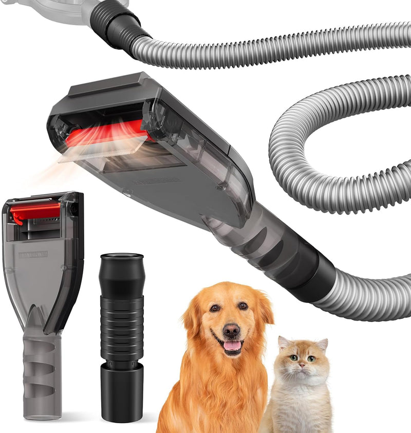 Portek Dog Hair Vacuum Attachment for Most Vacuums, Pet Shedding Brush Grooming Tool Kit with Long Extension Hose and Adapter (Universal Style) - Universal Style