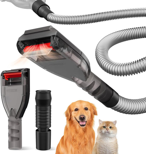 Portek Dog Hair Vacuum Attachment for Most Vacuums, Pet Shedding Brush Grooming Tool Kit with Long Extension Hose and Adapter (Universal Style) - Universal Style