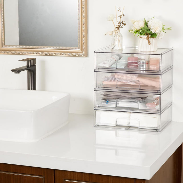Vtopmart 12.1''W Clear Stackable Storage Drawers,4 Pack Acrylic Plastic Organizers Bins for Makeup Palettes, Cosmetics, and Beauty Supplies,Ideal for Vanity, Bathroom,Cabinet,Desk Organization