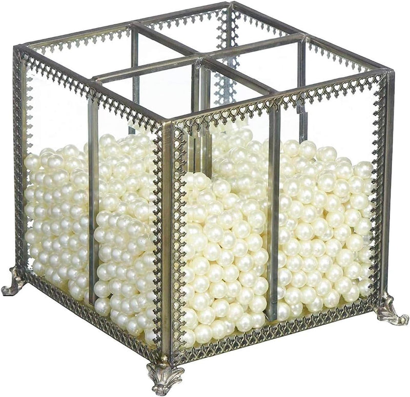 Putwo MakEUp Organizer Vintage 4 Sections Brushes Holder Make Up Storage With Free White Pearls - Transparent/White/Grey