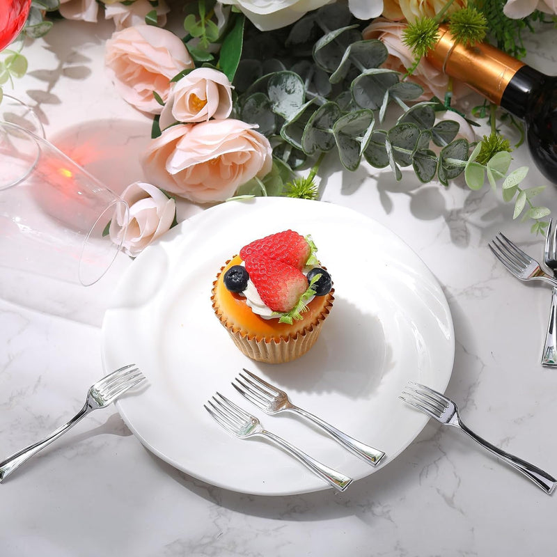 AL FAKHAMA Mini Forks 24 PCS Reusable Plastic Dessert Forks 10 cm Elegant Mini Cutlery for Parties, Tastings, Appetizers, Events, and Bakery Use Sturdy & Washable (Silver)