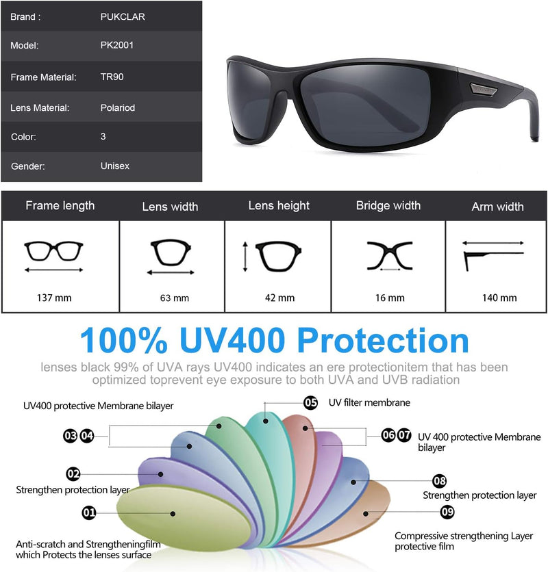 PUKCLAR Sunglasses for Men Women Polarized Sports Running Cycling Fishing Driving Golf TR90 Frame