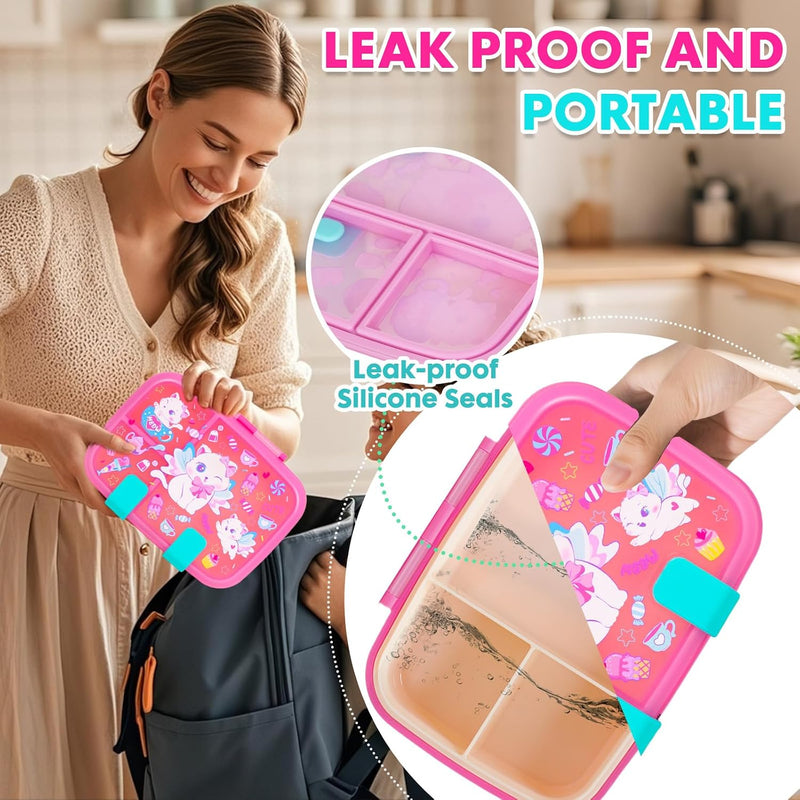 Cute Cartoon Bento Lunch Box for Kids, 800ml/27oz BPA-Free Leak-Proof Food Containers with 3 Compartments, Dishwasher Safe, Back to School Students Lunches Size for Ages 4-8