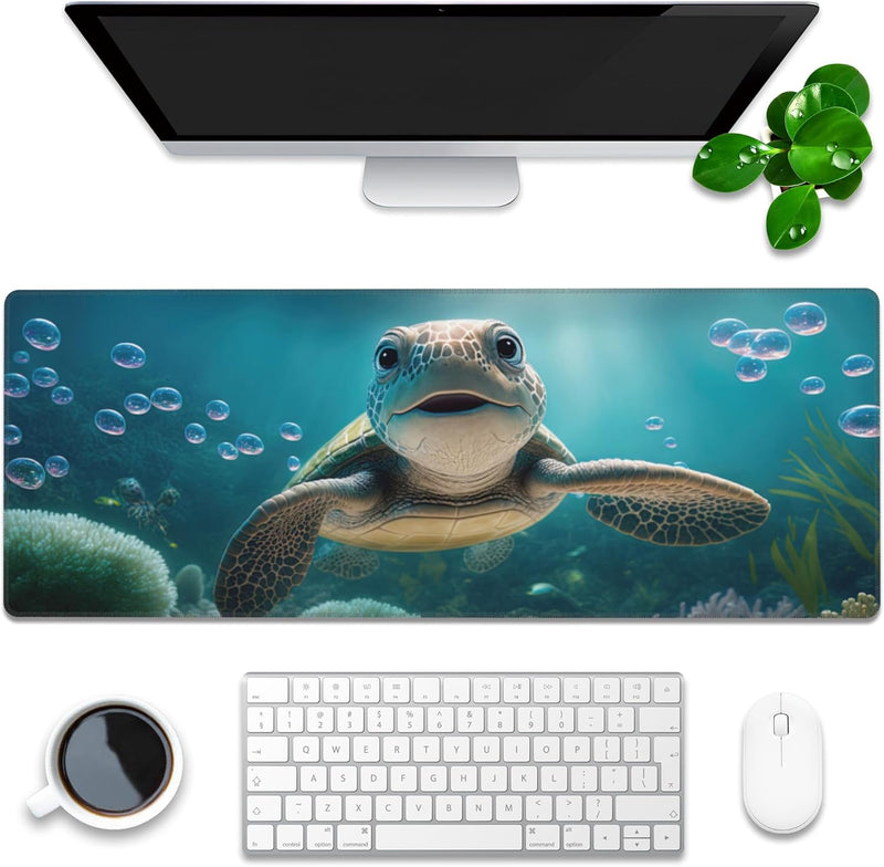 Desk Pad, Green Honeycomb Science Technology Extended Gaming Mouse Pad Large, 35.4"x15.7" Big Mouse Pad with Non-Slip Base and Stitched Edge, Long Computer Keyboard Mouse Mat for Home Office Work - 31.5"x11.8" Cute Sea Turtle