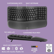 Logitech Wave Keys & Lift Vertical Mouse - Ergonomic Wireless Keyboard and Mouse Combo - with Cushioned Palm Rest, Easy-Switch, Bluetooth, for Multi-OS, Windows/Mac, US/INTL - Graphite
