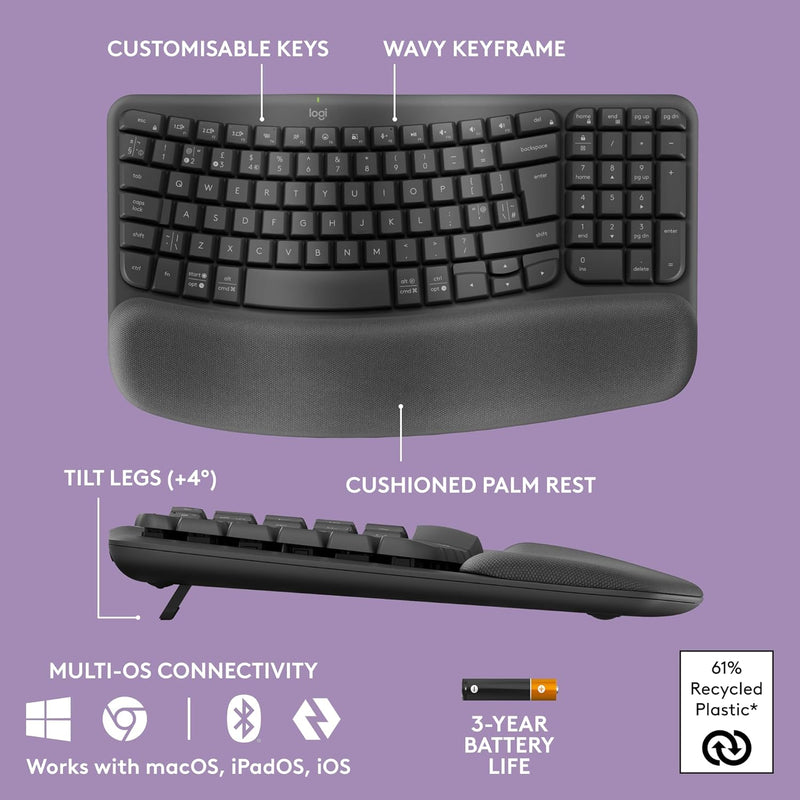 Logitech Wave Keys & Lift Vertical Mouse - Ergonomic Wireless Keyboard and Mouse Combo - with Cushioned Palm Rest, Easy-Switch, Bluetooth, for Multi-OS, Windows/Mac, US/INTL - Graphite