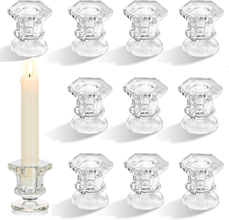 TERRIFI 12 Pcs Taper Candle Holders Set, Clear Glass Crystal Candlestick Holders, Ideal for Wedding Table Centerpieces and Home Decoration