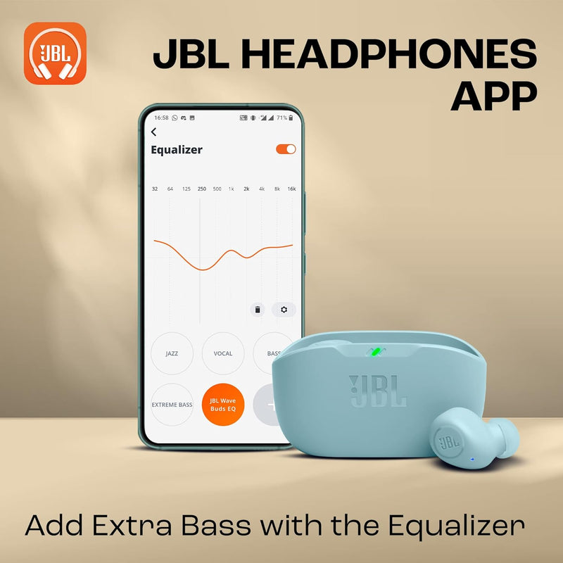 JBL Wave Buds True Wireless Earbuds, Deep Bass, Comfortable Fit, 32H Battery, Smart Ambient Technology, Hands-Free Call, Water and Dust Resistant - Mint, JBLWBUDSMIT