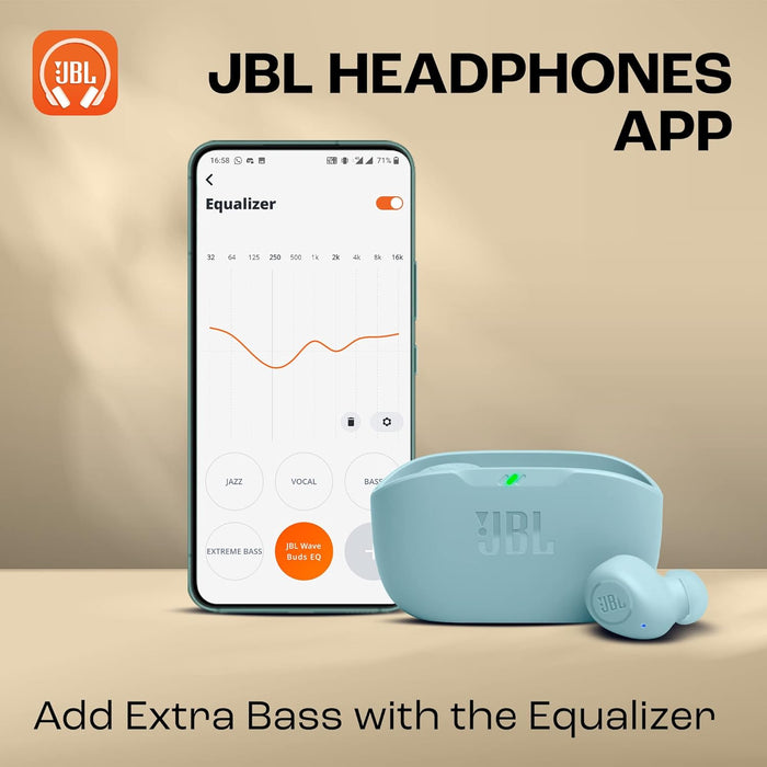 JBL Wave Buds True Wireless Earbuds, Deep Bass, Comfortable Fit, 32H Battery, Smart Ambient Technology, Hands-Free Call, Water and Dust Resistant - Mint, JBLWBUDSMIT