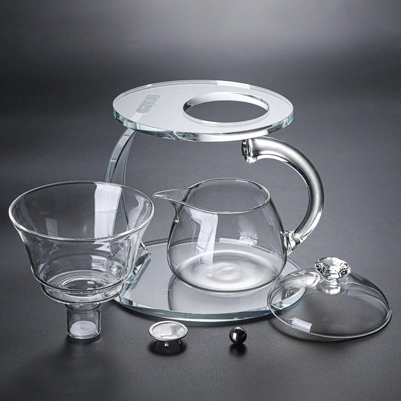 Unbreakable Glass Teapot Set, 340ml Semi-Automatic Rotating Kungfu Tea Pot with Infuser, Borosilicate Glass Drip Teapot for Home, Tea House, Restaurant, Chinese Tea Ceremony