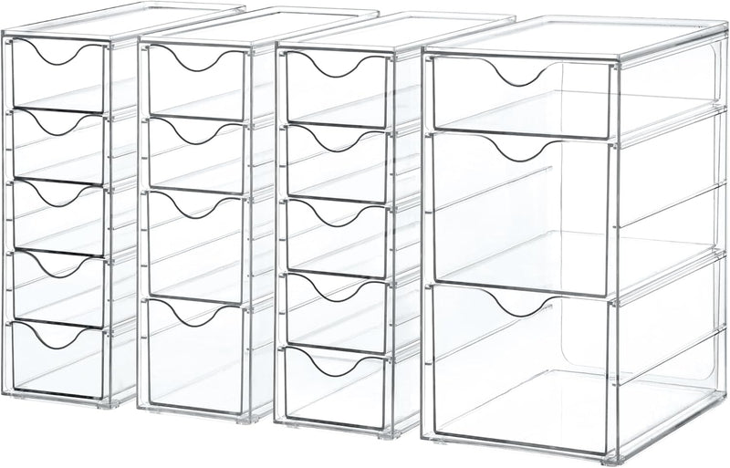 4 Pack Small Clear Stackable Storage Drawers,Acrylic Bathroom Makeup Organizer,Plastic Storage Bins For Vanity, Undersink, Kitchen Cabinets, Pantry, Home Organization - 16 drawer-4 set