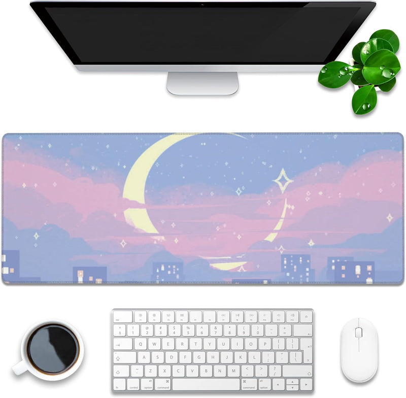 Desk Pad, Green Honeycomb Science Technology Extended Gaming Mouse Pad Large, 35.4"x15.7" Big Mouse Pad with Non-Slip Base and Stitched Edge, Long Computer Keyboard Mouse Mat for Home Office Work - 31.5"x11.8" Moon Night Scene