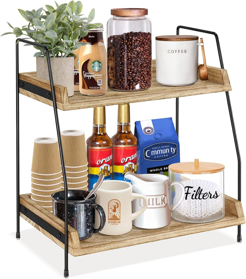 Coffee Bar Accessories and Organizer Countertop, Coffee Station Organizer Kitchen Counter Shelf Organizer,Coffee Condiment Storage,Cup Lid Holder Countertop Shelf for Bathroom (Black) - Brown