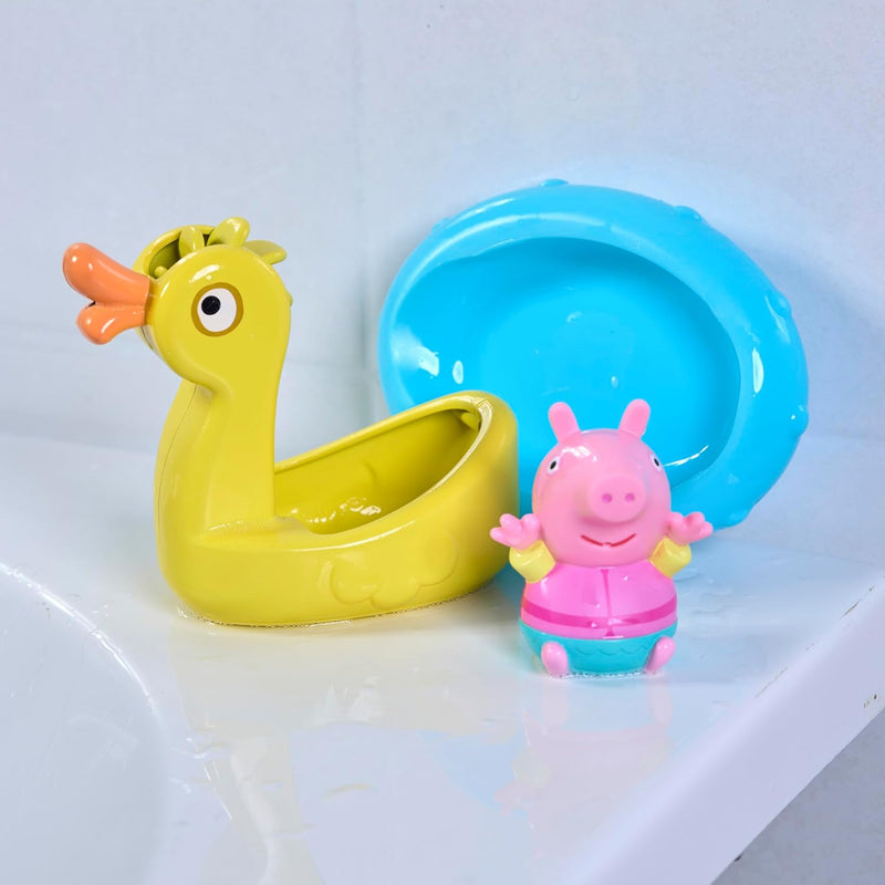 TOMY Toomies Peppa Pig Peppa and Duck Bath Float - Peppa Water Squirter Bath Toy and Duck Pourer Float with Water Wheel - Officially Licensed Peppa Pig Toys - Baby Bath Toys for +18 Months, Small