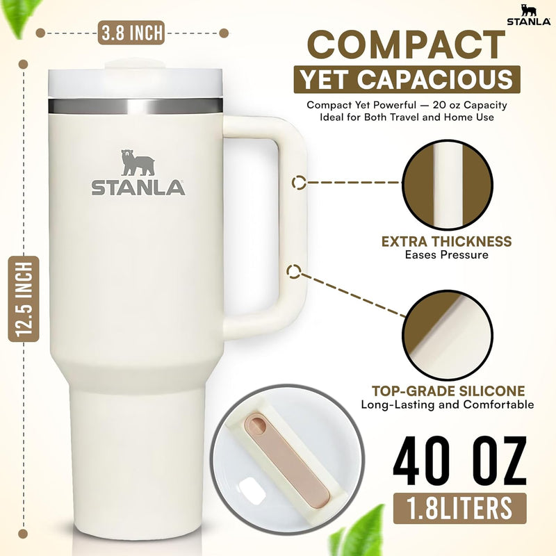 STANLA 40 oz Tumbler with Lid and Straw | Travel Mug for Iced Tea & Coffee | 100% Leakproof, Stainless Steel Insulated Tumbler for School,Office & Gym | Cup Holder Friendly Base (Cream)
