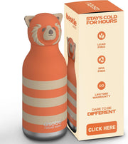 Bestie Bottle Insulated Stainless Steel Water Bottle with Detachable Soft Animal Head Fun Drinking for Kids and Teens with Flexible Reusable Straw 16 Ounce (Dinosaur) - Red Panda Stripe