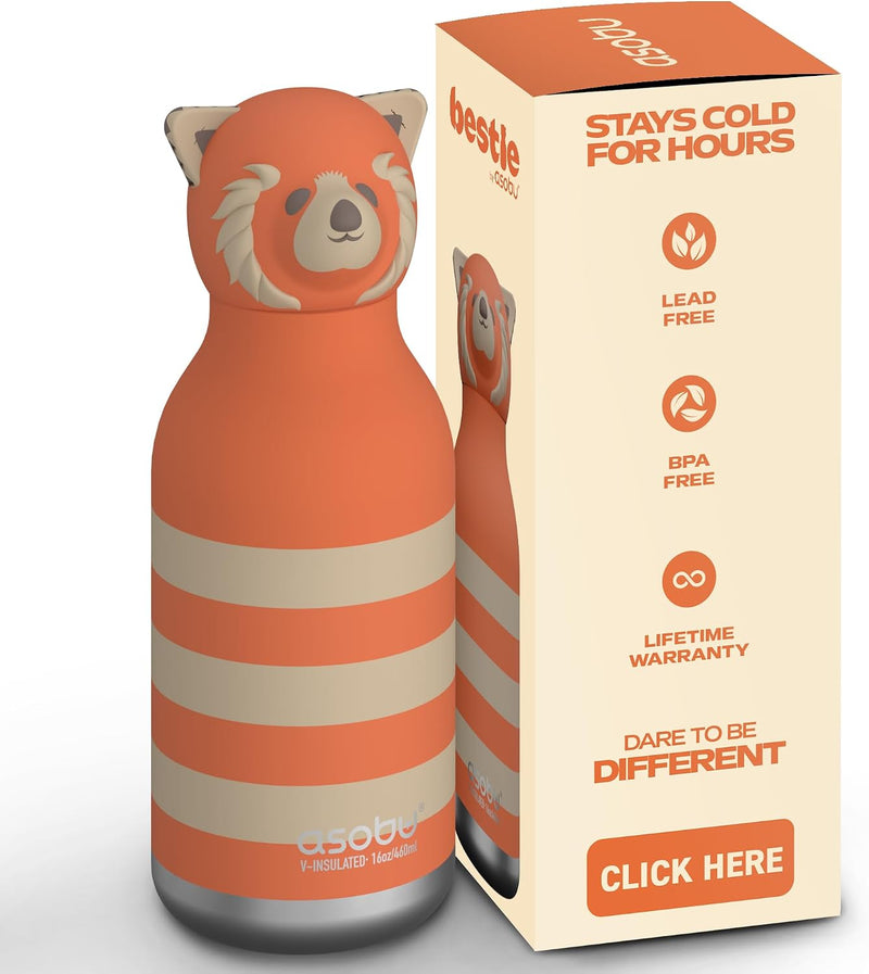 Bestie Bottle Insulated Stainless Steel Water Bottle with Detachable Soft Animal Head Fun Drinking for Kids and Teens with Flexible Reusable Straw 16 Ounce (Dinosaur) - Red Panda Stripe