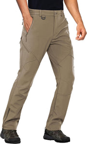 Mens Snow Ski Water Repellent Softshell Pants for Winter Hiking Fleece Lined Bottom Leg Zipper with 6 Zip Pockets - Khaki