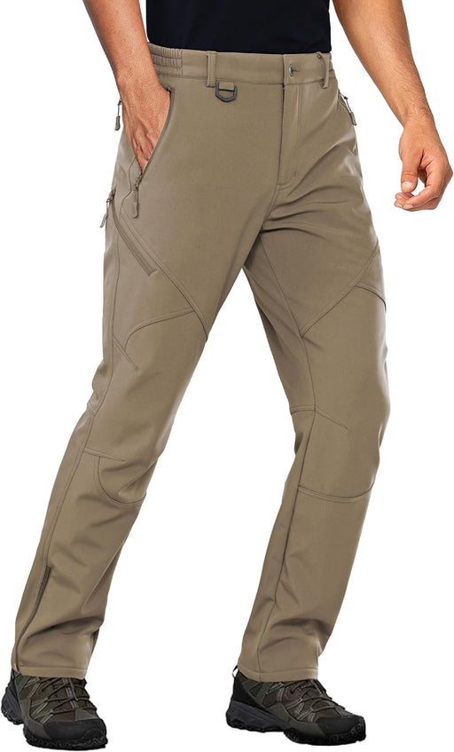 Mens Snow Ski Water Repellent Softshell Pants for Winter Hiking Fleece Lined Bottom Leg Zipper with 6 Zip Pockets - Khaki
