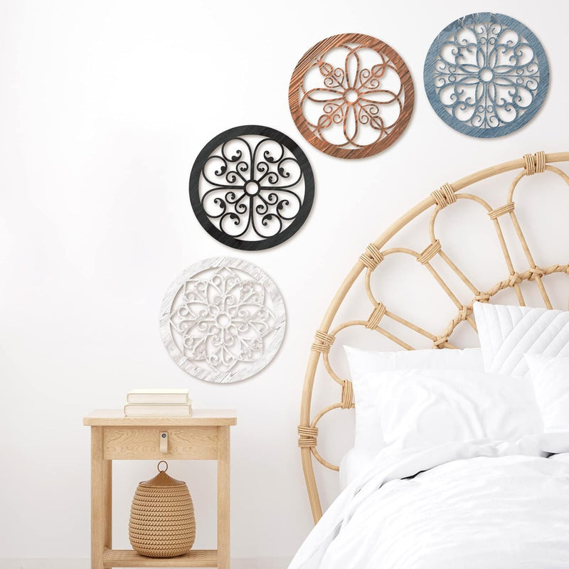 Yulejo 4 Pcs Thicken Rustic Wall Decor Farmhouse Wall Art Wooden Hollow Carved Design Decor Rustic Round Wall Art for Living Room Bedroom Hallway Decor Kitchen Wall (Black, Brown,9.8 x 9.8 Inch)