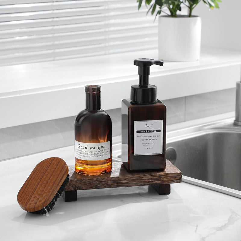 zoocatia Small Wood Tray Pedestal Stand Farmhouse Bathroom Decor Decorative Wooden Riser Kitchen Soap Dish Holder for Vanity, Counter, Sink, Brown