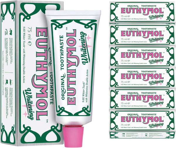 Euthymol Whitening Toothpaste 75 ml x 6, Toothpaste GMO Free Gluten Free Vitamin E, Plaque Removal, Antibacterial Toothpaste, White Clean Healthy Teeth, Refreshes Dental Care, Cleanliness Gums - Whitening Toothpaste 75 ml (6er Pack)