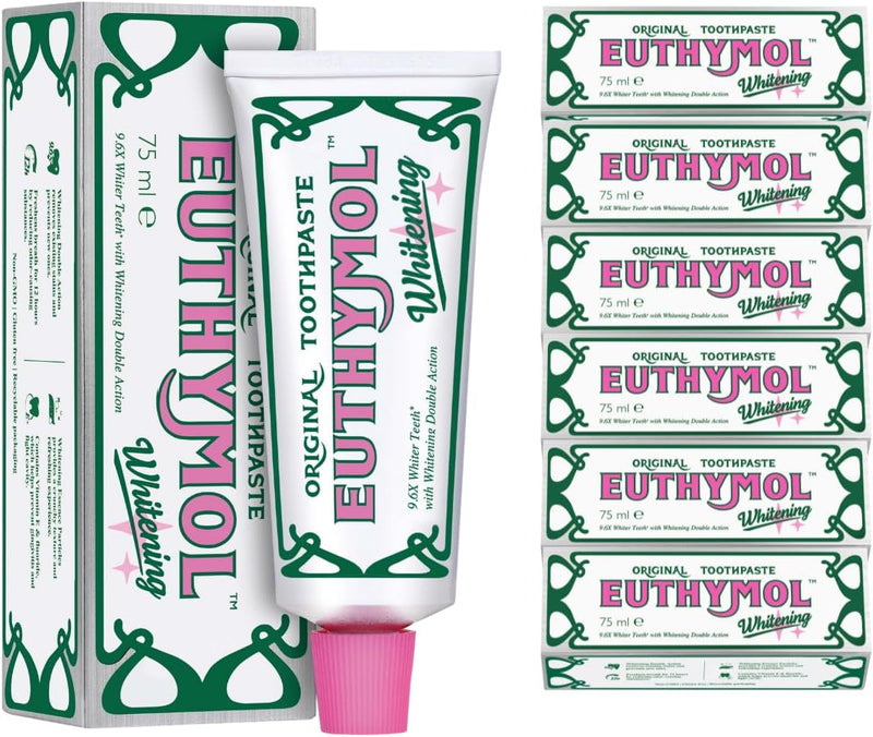 Euthymol Whitening Toothpaste 75 ml x 6, Toothpaste GMO Free Gluten Free Vitamin E, Plaque Removal, Antibacterial Toothpaste, White Clean Healthy Teeth, Refreshes Dental Care, Cleanliness Gums - Whitening Toothpaste 75 ml (6er Pack)