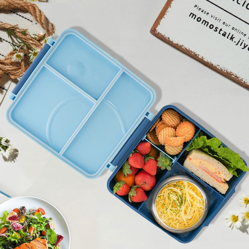 Lunch Bento Box for Kid and Adult,with Insulated Steel Jar Inside,4 Compartment Microwave & Dishwasher & Freezer Safe,BPA Free(Blue)