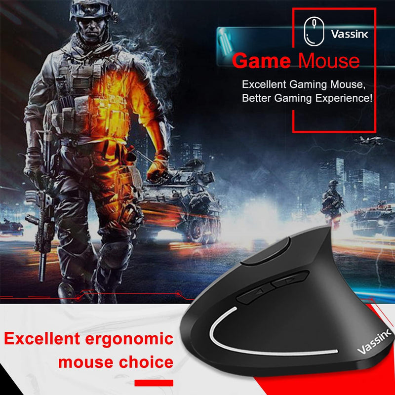 Microware Rechargeable 2.4ghz Wireless Vertical Ergonomic Mouse 800-1600 Dpi Optical Mouse 6 Buttons and Portable Office Gaming Cordless Mice with A USB Receiver for Pc Computer Laptop for Right Hand - Black
