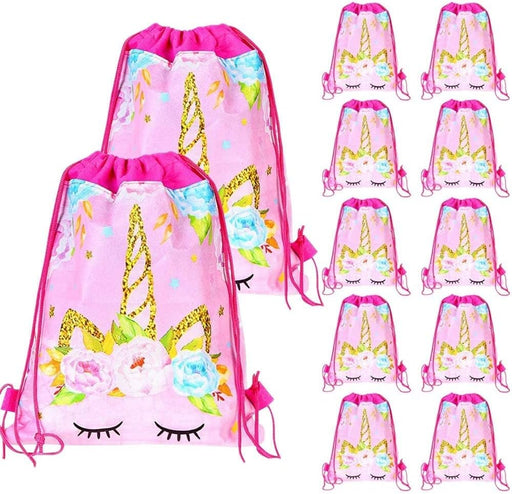 12-Pack Unicorn Drawstring Party Bags Prime Styles - Reusable Waterproof Favor Bags for Birthday Party Favors, Baby Showers & Gifts - 13.4" x 11"