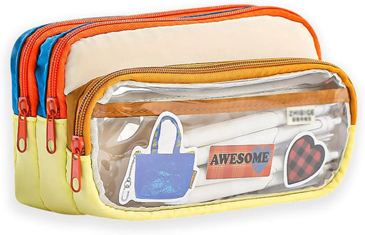 Large Capacity Pencil Case, 3 Compartment Storage Organizer, Canvas Zipper Pencil Pouch for Pens Markers and Tools, Cute Stationery Bag for Women and Girls, Beige