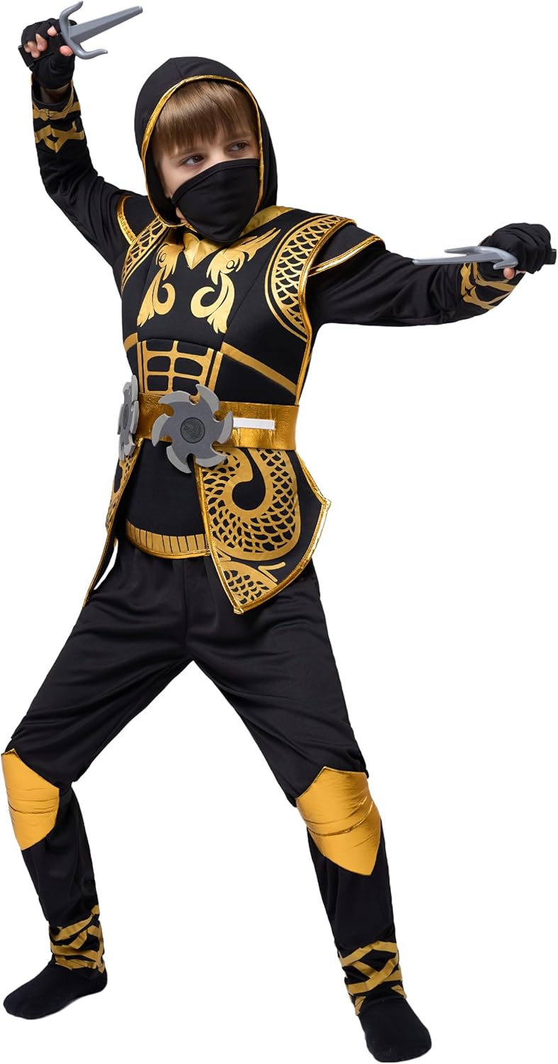 Spooktacular Creations Golden Ninja Costume Set, Ninja Jumpsuit with Foam Accessories for Kids, Halloween Cosplay Party