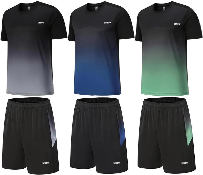 Men's Workout Sets Athletic Clothes Soccer Shirts Shorts 3 Pack Basketball Running Gym Football Outfits Summer - Grey-blue-green
