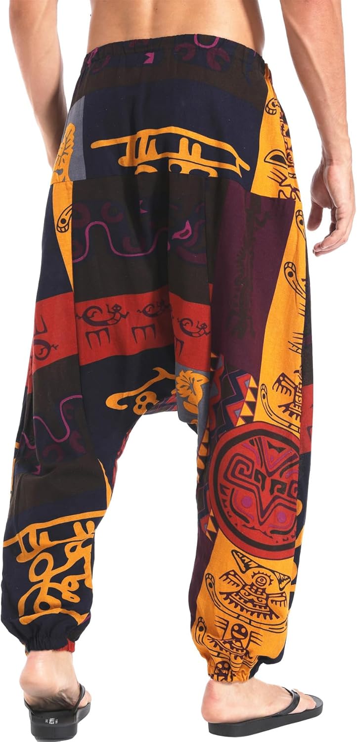 Mens Cotton Linen Harem Pants Elastic Waist Baggy Hippie Yoga Pants - Orange