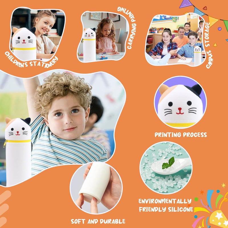 Bukela Kawaii Pencil Case 2-in-1 Silicone Pen Holder Soft Silicone Bag Dot Cat Design Pencil Case for Pencils Pen Storage for Girls and Boys Foldable and Waterproof White Dot Cats