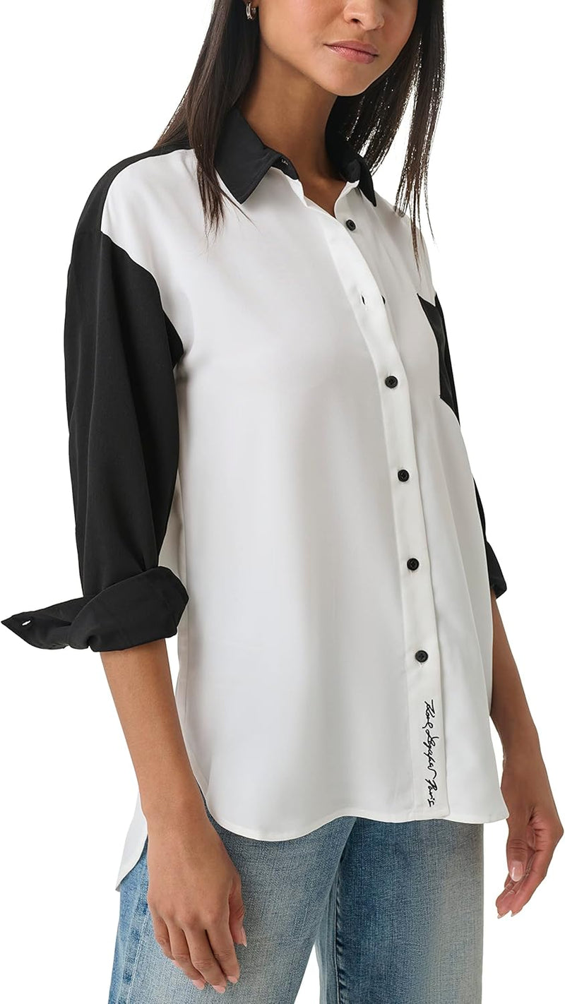 Women's Soft Long Sleeve Colorblock Everyday Fashion Sport Blouse - White Black