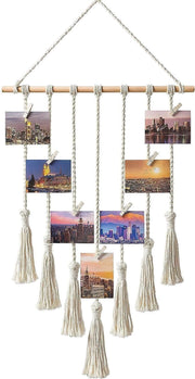 Hanging Photo Displays Macrame Wall Hanging Picture Organizer with 25 Wood Clips Boho Hone Decor for Home, Living Room, Bedroom, Best, Ivory White, 42.5" LÃ17" W