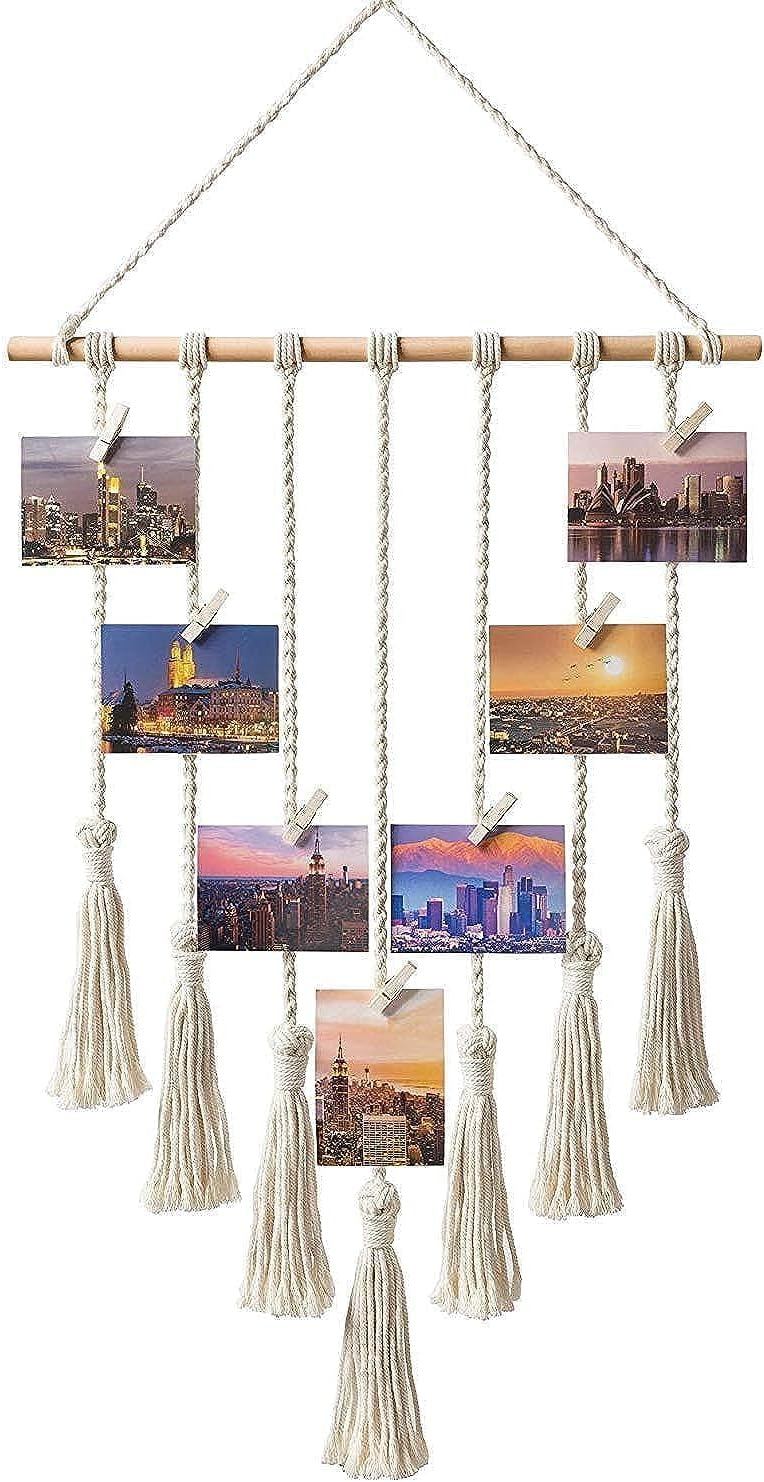 Hanging Photo Displays Macrame Wall Hanging Picture Organizer with 25 Wood Clips Boho Hone Decor for Home, Living Room, Bedroom, Best, Ivory White, 42.5" LÃ17" W