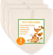 3 Pcs 12"x12" Nut Milk Bag, Natural Unbleached Cotton Cheese Cloth Bag for Straining, Reusable Strainer Bag for Oat Almond Milk, Cheese Making, Yogurt, Juice, Cold Brew Coffee, Beer Tea (12x12 Inch) - 12x12 Inch