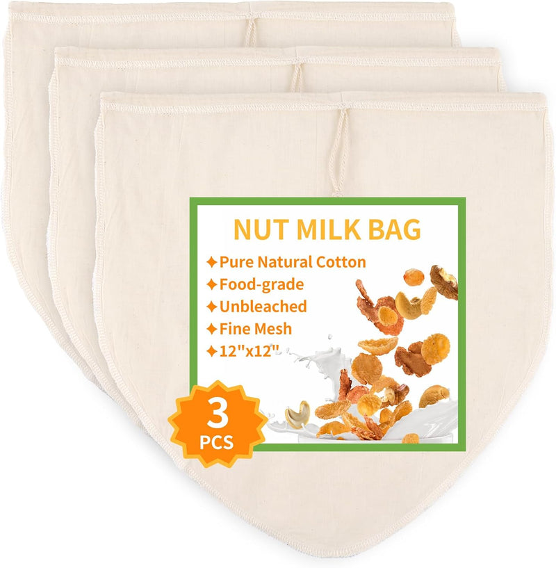 3 Pcs 12"x12" Nut Milk Bag, Natural Unbleached Cotton Cheese Cloth Bag for Straining, Reusable Strainer Bag for Oat Almond Milk, Cheese Making, Yogurt, Juice, Cold Brew Coffee, Beer Tea (12x12 Inch) - 12x12 Inch