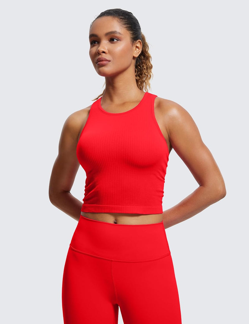 CRZ YOGA Womens Seamless Ribbed Longline High Neck Sports Bra - Racerback Padded Slim Fit Crop Tank Top with Built in Bra