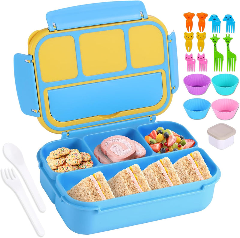 Bento Box Adult Lunch Box, Containers for Adults Men Women with 4 Compartments, Lunchable Food Container with Utensils, Sauce Jar, Muffin Liners, 40 Oz/5 Cup, Microwave & Dishwasher Safe, Brown - Blue 1200 milliliters