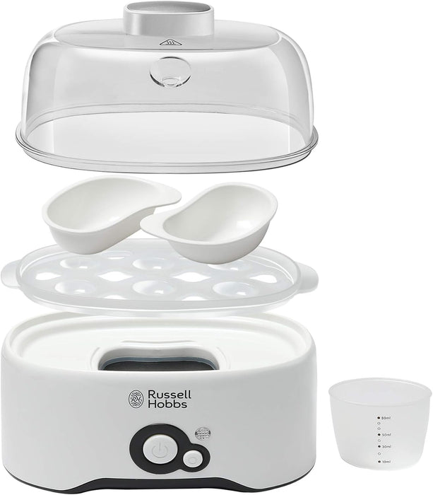 Russell Hobbs REG300-300 Watts Fully Automatic Egg Cooker with Egg Cooking Rack, 2 Poaching Pans and Measuring Cup (White) with 2 Years Manufacturer Warranty