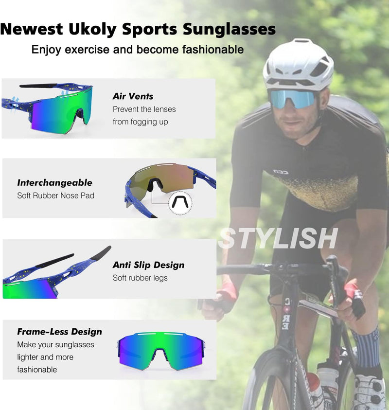Ukoly Cycling Sunglasses for Men Women with 3 Interchangeable Lenses, Polarized Sports Sunglasses, Baseball Sunglasses