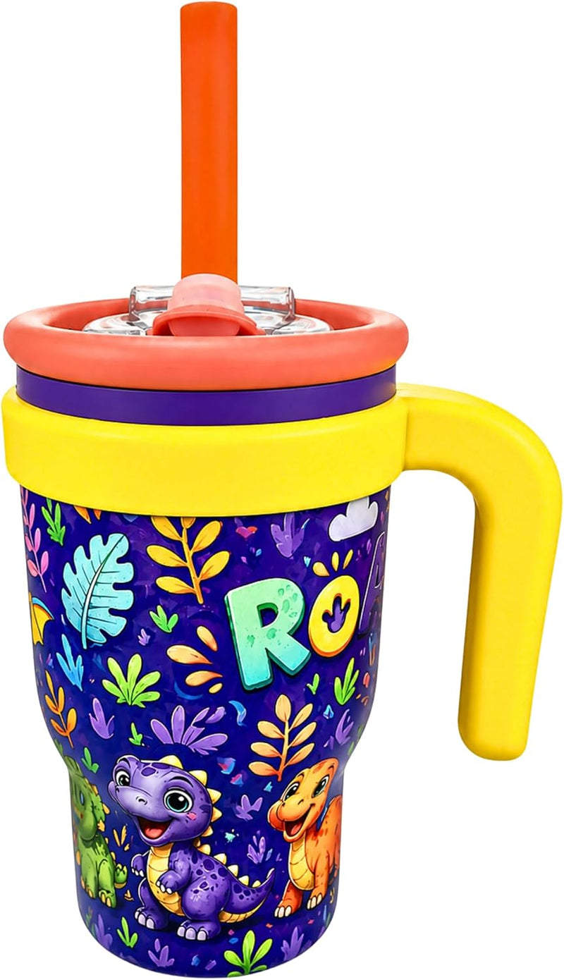 Kids Insulated Tumbler with Handle, 14oz Stainless Steel Kids Water Bottle with Straw, Leak Proof Sippy Cup for Toddlers Boys Girls, Dinosaur Theme Travel Straw Cup - Dinosaur Purple