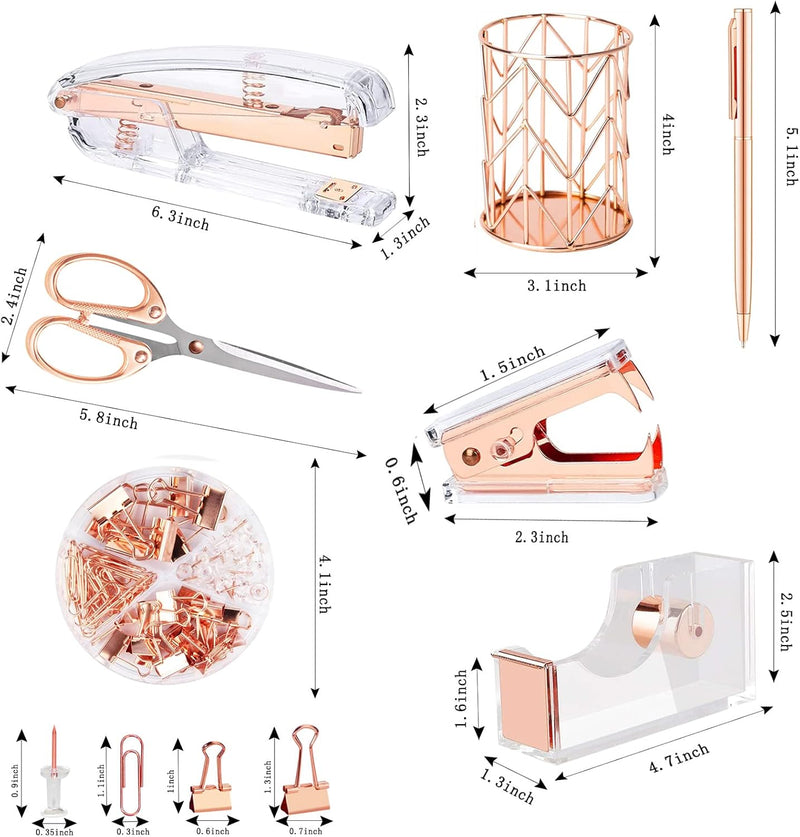 Famassi Rose Gold Desk Accessories,Office Supplies Set Acrylic Stapler Set Staple Remover, Tape Holder, 2 Ballpoint Pen, Scissor, Binder/Paper Clips and 1000pcs Staples.