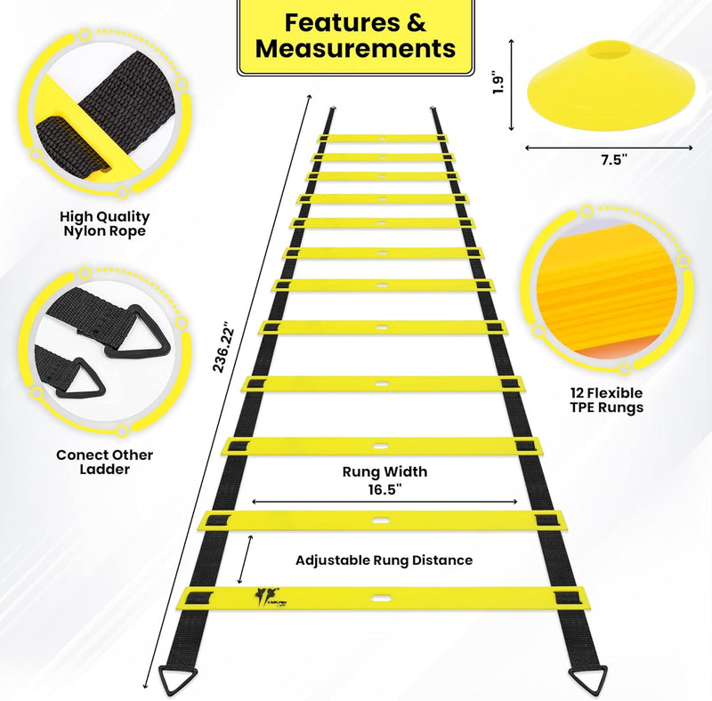 20ft Agility Ladder & Soccer Training Equipment, to Boost Fitness & Increase Quick Footwork, with Speed Parachute, Speed Cones, Carry Bag & Drill Charts - Agility Training Set with Parachute