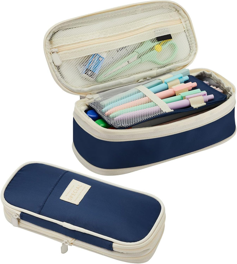 Large Capacity Pencil Case Pouch, Cute Aesthetic Big Capacity Zipper Pencil Cases Pen Portable Office Stationery Makeup Bag, Desk Organizer for College Adults Women Men, Navy Blue